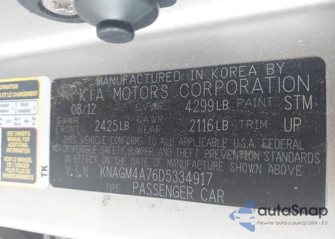 2013 Kia Optima Lx из США, поврежденный, VIN KNAGM4A76D5334917